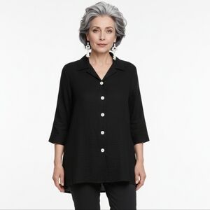 Christopher Calvin Black Wide Collaer V Neck Button Down Shirt L Box31